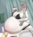 2026 aleksandra_cummings anthro areola bathroom bathroom_sink belly belly_blush belly_squish big_belly big_breasts big_ears black_bra black_clothing black_panties black_underwear blush body_blush bra breasts cellphone clothing dansharkman digital_drawing_(artwork) digital_media_(artwork) electronics english_description female fur gloves_(marking) grey_body grey_fur grey_hair hair hair_over_eyes hand_on_belly hand_on_own_belly hi_res holding_cellphone holding_object holding_phone holding_smartphone huge_belly humanoid_hands hyper hyper_belly hyper_pregnancy inner_ear_fluff lagomorph leporid mammal markings mirror mirror_reflection mirror_selfie navel outie_navel panties phone pink_areola pregnant pregnant_anthro pregnant_female rabbit reflection selfie shower_curtain smartphone solo squish stretch_marks taking_picture taking_selfie tan_inner_ear_fluff tuft underwear white_body white_fur