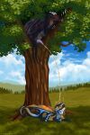 2026 2:3 absurd_res albireo_(reks_lih) aquatic aquatic_dragon artist_name blue_claws blue_sky bodily_fluids brown_body brown_fur claws cloud cloudy_sky countryside digital_drawing_(artwork) digital_media_(artwork) dragon duo feral feral_on_feral forest forest_background frill_(anatomy) fur furred_dragon furred_scalie genital_fluids genitals grass hi_res hill horn in_tree landscape_background lying lying_on_grass male male/male membrane_(anatomy) membranous_frill membranous_wings mythological_creature mythological_scalie mythology on_grass on_ground orange_body orange_skin owl_light peeing peeing_on_another penis plant scalie sky sleeping sleeping_on_tree sound_effects tail tapering_penis text tree urine urine_stream vowelless vowelless_sound_effect watersports white_claws wings zulikath zzz