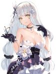  1girl bangs blunt_bangs breasts bug butterfly choker cleavage dress evening_gown facial_mark gem girls&#039;_frontline gloves green_eyes hair_ornament hairband hands_up highres hk416_(girls&#039;_frontline) hk416_(starry_cocoon)_(girls&#039;_frontline) jewelry layered_dress long_hair multi-tied_hair official_alternate_costume purple_dress purple_gemstone strapless strapless_dress teardrop teardrop_facial_mark teardrop_tattoo white_hair white_hairband yu_416416 