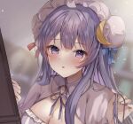  1girl :o blue_bow blue_ribbon blurry blurry_background blush bow breasts cleavage crescent crescent_hat_ornament hat hat_ornament highres indoors light_particles long_hair maruro mob_cap open_mouth patchouli_knowledge purple_eyes purple_hair ribbon solo touhou 
