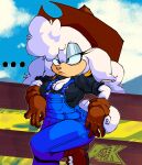 absurd_res anthro black_clothing black_shirt black_topwear blue_clothing blue_eyes blue_overalls blue_sclera boots bovid breasts brown_boots brown_clothing brown_footwear brown_gloves brown_handwear brown_hat brown_headwear caprine cleavage clothed clothing countershading cowboy_hat derekunleashed ears_down eyelashes female fence fluffy fluffy_hair footwear fur gloves hair handwear hat headgear headwear hi_res idw_publishing lanolin_the_sheep_(sonic) mammal overalls pink_nose pivoted_ears sega sheep shirt shoes solo sonic_the_hedgehog_(comics) sonic_the_hedgehog_(idw) sonic_the_hedgehog_(series) tan_body tan_countershading tan_skin thick_eyelashes topwear white_body white_ears white_fur white_hair white_wool wool_(fur)