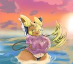 alolan_form alolan_raichu anthro beach belly big_breasts big_butt bodily_fluids bow_ribbon breasts butt clothing female generation_7_pokemon heat_(temperature) holding_breast nintendo p1k4achumostacho pokemon pokemon_(species) regional_form_(pokemon) sea shirt solo sunset sweat sweatshirt tail tail_aside thick_thighs topwear water