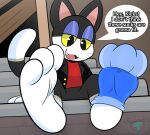 absurd_res animal_crossing anthro black_body black_bottomwear black_clothing black_fur black_pants black_suit blue_eyelids bottomwear clothing dipstick_tail domestic_cat feet felid feline felis foot_fetish foot_focus fur hi_res male mammal markings mintytempest multicolored_body multicolored_fur nintendo one_sock pants punchy_(animal_crossing) red_clothing red_shirt red_topwear shirt sitting sitting_on_stairs solo stairs suit tail tail_markings topwear whiskers white_body white_feet white_fur