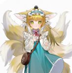  1girl absurdres animal_ear_fluff animal_ears arknights bag bangs blonde_hair blue_dress blue_hairband blush commentary_request cool_est dress fox_ears fox_girl fox_tail frilled_hairband frills green_eyes grey_background hairband hand_up highres jacket kitsune long_hair long_sleeves looking_at_viewer multicolored_hair neck_ribbon on_head open_clothes open_jacket puffy_long_sleeves puffy_sleeves red_ribbon ribbon shirt shoulder_bag simple_background smile solo suzuran_(arknights) tail two-tone_hair very_long_hair white_hair white_jacket white_shirt 