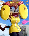 anthro brain_freeze domestic_cat fangs felid feline felis female food gameoverse glitch_productions hand_on_head hi_res kit_bodega mammal popsicle real reference_image sharp_teeth solo teeth the-butcher-x tremble_spikes