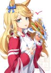  1girl blonde_hair blue_bow blue_eyes blush bow dated ear_blush food gold_city_(umamusume) highres holding holding_food jacket kagami_(haret46) lettuce long_hair long_sleeves looking_at_viewer onion open_clothes open_jacket sandwich shirt signature simple_background solo tomato tongue tongue_out tracen_training_uniform track_jacket umamusume v white_background white_shirt 