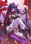  1girl ahoge artist_name bangs black_footwear black_gloves boots breasts cleavage closed_mouth commission full_body gauntlets gloves holding holding_sword holding_weapon honkai_(series) honkai_impact_3rd horns katana kawausoman long_hair looking_at_viewer purple_eyes purple_hair raiden_mei raiden_mei_(herrscher_of_thunder) single_gauntlet skeb_commission solo sword thighhighs weapon white_thighhighs 