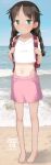  absurdres artist_name backpack bag bangs barefoot beach black_hair blue_sky braid cloud collarbone crop_top dated day green_eyes hands_up highres horizon long_hair looking_at_viewer low_twintails midriff original outdoors parted_bangs parted_lips pigeon-toed pink_skirt randoseru sand shirt short_sleeves skirt sky standing tan tanlines twin_braids twintails water white_shirt yone_kinji 