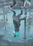 2026 anthro barefoot black_body black_fur blue_hair blue_highlights bottomless bottomless_anthro canid clothed clothing digital_media_(artwork) digitigrade feet fur glistening hair highlights_(coloring) jacket male mammal outside paws pointy_ears prick_ears puddle raining reflection reysi signature solo tail topwear traffic_light walking water water_reflection white_body white_fur wire