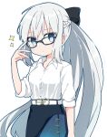  1girl adjusting_eyewear arm_at_side belt black_bow blue_eyes blue_skirt bow braid chibi collared_shirt cowboy_shot dress_shirt fate/grand_order fate_(series) french_braid glasses grey_hair hair_bow half_updo long_hair morgan_le_fay_(chaldea_satellite_station)_(fate) morgan_le_fay_(fate) ponytail rabiiandrain shirt sidelocks skirt sleeves_rolled_up solo sparkle very_long_hair white_background white_belt white_shirt 