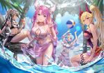  4girls akashic_chronicle arms_up ball beachball bikini bikini_skirt blonde_hair blue_eyes blue_hair blue_sky breasts cleavage cleavage_cutout closed_mouth clothing_cutout cloud cloudy_sky cup drink drinking_straw flower frilled_bikini frills grey_hair hair_flower hair_ornament highres holding holding_cup horns kusunokinawate looking_at_viewer multiple_girls outdoors palm_tree pink_eyes ponytail purple_eyes red_eyes red_flower sky smile swimsuit tree water 