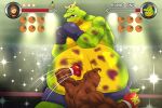 2026 3:2 anthro ape belly belly_punching big_belly bottomwear boxing boxing_gloves clothing crimsonmercury7192 donkey_kong_(character) donkey_kong_(series) donkey_kong_64 duo fangs feral fighting_ring fur gameplay_mechanics gui handwear haplorhine health_bar k_lumsy kremling male mammal muscular muscular_anthro muscular_arms muscular_male nintendo obese obese_anthro obese_feral open_mouth overweight overweight_anthro overweight_feral overweight_male primate scales scalie shorts signature size_difference skull_hat sport teeth text tongue