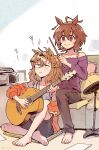 :| acoustic_guitar agnes_tachyon_(pretty_derby) ahoge animal_humanoid barefoot black_bottomwear black_clothing black_shorts boombox bottomwear bra_strap brown_bottomwear brown_clothing brown_hair brown_pants clothed clothed_female clothed_humanoid clothing cygames drumstick_(musical) duo ear_piercing equid equid_humanoid equine equine_humanoid feet female furniture guitar hair hi_res holding_guitar holding_musical_instrument holding_object horse_humanoid humanoid jacket jungle_pocket_(pretty_derby) mammal mammal_humanoid mazu1kan musical_instrument notched_ear orange_clothing orange_jacket orange_topwear pants piercing plucked_string_instrument purple_clothing purple_shirt purple_topwear red_eyes shirt shorts sitting smile sofa string_instrument tank_top topwear uma_musume_pretty_derby yellow_eyes