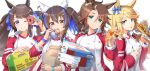  4girls absurdres animal_ears aqua_eyes bag blonde_hair blue_bow blue_eyes blush bow box breasts brown_hair burger closed_mouth commentary_request daitaku_helios_(umamusume) doughnut ear_blush ear_covers ear_ornament eating fingernails food gold_city_(umamusume) hair_ornament hairclip highres holding holding_box holding_food holding_pizza horse_ears horse_girl horse_tail jacket kagami_(haret46) lettuce long_hair long_sleeves looking_at_viewer medium_breasts medium_hair mejiro_palmer_(umamusume) multicolored_hair multiple_girls nail_polish one_eye_closed onion open_clothes open_jacket paper_bag pizza pizza_box ponytail sandwich shirt simple_background smile streaked_hair tail tomato tongue tongue_out tosen_jordan_(umamusume) tracen_training_uniform track_jacket twintails two-tone_hair umamusume v white_background white_shirt yellow_eyes 