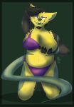 anthro big_breasts bikini bikini_pull breast_grab breasts clothing clothing_pull dragon elemental_creature elemental_humanoid female flora_fauna fur hand_behind_head hand_on_breast hi_res horn humanoid mythological_creature mythological_scalie mythology plant plant_humanoid russet_(russetptato) russetptato scalie smile smiling_at_viewer solo swimwear swimwear_pull two-piece_swimsuit yellow_body yellow_fur