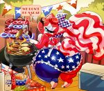 2026 accessory american_flag american_flag_clothing apron big_butt blue_clothing blue_sclera blue_underwear bow_ribbon burger burger_bun butt clothing condiment cooler dialogue domestic_cat english_text eyelashes fangs felid feline felis female fence feral fire food frilly frilly_clothing frilly_underwear fruit grill grilling hair hair_accessory hair_bow hair_ribbon headgear headkerchief headwear heart_symbol hi_res huge_butt inner_ear_fluff kerchief lettuce looking_back makeup mammal markings mascara multicolored_body narrowed_eyes neon_sign one_eye_closed onion outside paper_towel pattern_clothing pattern_underwear pennant_banner plaid_tablecloth plant red_body red_hair ribbons sauce sign solo spatula star_(marking) star_pattern striped_markings striped_tail stripes summurr_murrica tail tail_markings teeth text tomato tools tree tuft underwear united_states_of_america unknown_artist vegetable