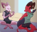 2026 2_horns 3_toes 4_fingers ambiguous_anthro ambiguous_gender anthro artist_name barefoot bedding biped black_bottomwear black_clothing black_collar black_eyebrows black_eyes black_shirt black_shorts black_t-shirt black_text black_topwear blurred_background bottomwear brown_horn cheek_spikes clothed clothed_ambiguous clothed_anthro clothing collar colored_nails countershading crooked_horn crossed_feet curled_horn detailed_background duo electric_guitar eyebrows eyelashes facial_spikes feet female_(lore) fingernails fingers fully_clothed fully_clothed_ambiguous fully_clothed_anthro furgonomic_bottomwear furgonomic_shorts furgonomics gloves_(marking) green_clothing green_hoodie green_topwear grey_clothing grey_shirt grey_t-shirt grey_topwear guitar hi_res hood_down hoodie horn inside jarnqk kneeling kobold leg_markings long_fingernails long_horn long_tail long_toenails lya_(jarnqk) markings monotone_clothing monotone_hoodie monotone_horn monotone_topwear mouth_closed multicolored_body multicolored_clothing multicolored_shirt multicolored_t-shirt multicolored_tail multicolored_topwear musical_instrument nails narrowed_eyes nyx_(zylix) open_mouth orange_body orange_countershading orange_tail pink_body pink_countershading pink_eyes pink_sclera plucked_string_instrument purple_body purple_fingernails purple_horn purple_markings purple_nails purple_toenails red_body red_spikes red_tail scalie shaded sharp_horn shirt short_sleeves shorts sitting sleeveless_clothing sleeveless_hoodie slim slim_ambiguous slim_anthro snout socks_(marking) spandex spandex_shorts spiked_collar spikes spikes_(anatomy) string_instrument t-shirt tail tail_clothing text thin_eyebrows tight_bottomwear tight_clothing tight_shorts toenails toes topwear two_tone_clothing two_tone_shirt two_tone_t-shirt two_tone_tail two_tone_topwear white_body white_spikes yellow_sclera