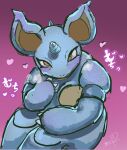 1_horn 2026 anthro biped blue_body blush cel_shading curvy_figure digital_drawing_(artwork) digital_media_(artwork) female female_anthro front_view generation_1_pokemon half-closed_eyes heart_symbol hearts_around_head hi_res horn kinokonunko looking_at_viewer mature_anthro mature_female multicolored_body narrowed_eyes nidoqueen nintendo onomatopoeia pink_background pokemon pokemon_(species) shaded signature simple_background solo sound_effects text two_tone_body yellow_eyes