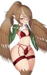  1girl bird_legs blush breasts brown_feathers brown_hair clothes_lift commentary commission english_commentary evelyn_(kibix1) feathered_wings feathers garter_straps glasses hair_ornament hairclip harpy highres lingerie long_hair looking_at_viewer monster_girl mouth_hold multicolored_hair one_eye_closed original oritanief pointy_ears ponytail round_eyewear shirt_lift simple_background small_breasts smile streaked_hair underwear white_background white_hair wide_hips winged_arms wings 