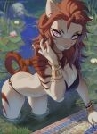 absurd_res anthro big_breasts bikini black_claws braided_hair breasts claws clothing danichjpeg felid female final_fantasy final_fantasy_xiv flower fur gold_(metal) gold_jewelry hair hi_res hrothgar hybrid jewelry lion mammal nikoleva occultistruth pantherine pink_eyes plant red_hair sculpture solo square_enix statue stripes swimwear tiger two-piece_swimsuit water water_lily white_body white_fur