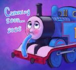 2026 autofellatio black_paint blue_body blue_eyes blue_paint blush bodily_fluids boiler buffers chimney dire_machine dire_train dire_vehicle dome english_text genital_fluids genitals grey_body grey_face grey_skin humor living_machine living_train living_vehicle looking_pleasured machine male masturbation mattel not_furry on_model oral oral_masturbation paint penile penile_masturbation penis precum red_paint smokestack solo steam_locomotive stinkek text thomas_and_friends thomas_the_tank_engine train vehicle wheel whistle_(object) window wordplay yellow_paint