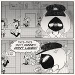 1:1 2026 2_panel_comic ambiguous_gender antennae_(anatomy) arthropod biped black_face black_text clothed clothing comic cross-popping_vein dialogue ellipsis empty_eyes english_text exclamation_point eyebrows group hi_res hollow_knight:_silksong hollow_knight_(character) hollow_knight_(franchise) hornet_(hollow_knight) lace_(hollow_knight:_silksong) monochrome motion_lines quetzalagosto restaurant shakra_(hollow_knight:_silksong) speech_bubble standing talking_to_another team_cherry text trying_not_to_laugh vessel_(species) white_body white_eyes