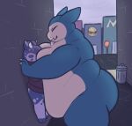 absurd_res alley ambiguous_gender amphibian anthro belly belly_squish big_belly big_butt blush bodily_fluids butt clothed clothing dominant drowzycroaks face_in_breasts frog generation_1_pokemon hi_res larger_dom male male/male moobs nervous nervous_sweat nile_(drowzycroaks) nintendo nonbinary_(lore) nude_anthro obese obese_anthro overweight overweight_anthro pantsless pinned pinned_to_wall pokemon pokemon_(species) public questionable_consent raining scaroused size_difference snorlax squish sweat trash_can