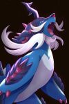 1_horn 2026 2:3 3_toes ambiguous_feral ambiguous_gender aquatic beard black_background black_horn black_shell blue_body claw_toes claws facial_hair fangs feet feral fin generation_5_pokemon generation_8_pokemon grey_body hi_res hisuian_form hisuian_samurott horn light lighting looking_at_viewer looking_down looking_down_at_viewer multicolored_body multicolored_shell mustache nintendo on_hind_legs open_mouth pink_tongue pokemon pokemon_(species) pupils quadruped red_claws red_eyes red_nose red_shell regional_form_(pokemon) rumine shaded shell simple_background slit_pupils snout solo tail tail_fin teeth toes tongue two_tone_shell white_beard white_facial_hair white_mustache