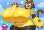 accessory anthro big_breasts blush breast_expansion breasts brown_hair clothing dinosaur domestic_cat duo english_text exclamation_point expansion felid feline felis female gameoverse glitch_productions gobbles_(gameoverse) hair hi_res huge_breasts ian_(artist) kit_bodega leggings legwear male mammal necktie prehistoric_species purple_body question_mark red_eyes reptile scalie shirt tan_body text topwear whiskers