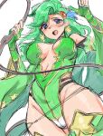 1girl absurdres aged_up blue_eyes blush breasts detached_sleeves earrings echihiro final_fantasy final_fantasy_iv green_hair green_leotard groin highres jewelry leotard long_hair looking_at_viewer open_mouth rydia_(ff4) smile solo thighhighs 
