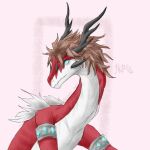  black_horn blue_eyes brown_hair dragon felisal_(nuree_art) feral hair horn jewelry looking_at_another male nuree_art red_body scalie simple_background solo western_dragon white_body wyvern 