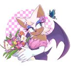 ambient_arthropod ambient_butterfly ambient_insect anthro bat bat_wings big_ears black_bodysuit black_clothing black_nose black_skinsuit blue_eyes blue_eyeshadow bodysuit bouquet brown_body brown_skin checkered checkered_background clothing eyelashes eyeshadow female flower flower_bouquet flower_on_head glistening glistening_nose gloves handwear head_tuft jewelry lily_(flower) lipstick makeup mammal membrane_(anatomy) membranous_wings necklace pattern_background pink_background pink_lipstick plant pointed_tail pointy_ears prick_ears rouge_the_bat sega simple_background skinsuit solo sonic_the_hedgehog_(series) spread_wings thick_eyelashes tight_clothing triangle_nose tuft unknown_artist white_background white_clothing white_gloves white_handwear white_head wings