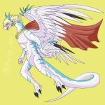  aetherioux_(nuree_art) anthro blonde_hair blue_body blue_horn claws dragon fangs feathered_wings feathers hair horn hybrid jewelry male necklace nuree_art scalie scarf simple_background solo spikes western_dragon white_body wings 