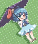  1girl aqua_skirt aqua_vest barefoot blue_eyes blue_hair blush full_body geta green_background hair_between_eyes heterochromia holding karakasa_obake open_mouth polka_dot polka_dot_background rokugou_daisuke round_teeth shirt short_hair short_sleeves signature skirt smile solo tatara_kogasa teeth touhou umbrella upper_teeth white_shirt 