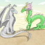  asian_mythology blue_eyes claws cloud curious desert dragon duo east_asian_mythology eastern_dragon eyelashes fangs female feral green_body grey_body hair horn looking_each_other mythology naya_(nuree_art) nuree_art pink_eyes pink_hair reevah_(nuree_art) scalie scenery shy silver_body simple_background sky spikes western_dragon white_body wings yellow_body yellow_horn 