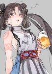  1girl alcohol backless_dress backless_outfit bangs bare_shoulders beer blush body_markings breasts brown_eyes brown_hair cup dress drunk fate/grand_order fate_(series) grey_dress highres iyo_(fate) large_breasts long_hair looking_at_viewer mug open_mouth parted_bangs sash sideboob solo toi8 twintails very_long_hair 