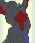 abs anthro big_bulge big_muscles black_body black_scales bulge countershade_torso countershading dragon elerdren flexing grey_body hi_res horn huge_muscles lats_(muscle) male multicolored_body muscled_wings muscular muscular_male mythological_creature mythological_scalie mythology obliques pecs red_body red_countershading red_eyes scales scalie serratus simple_background solo spikes tail triceps wings