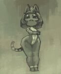 2026 alternative_fashion animal_crossing ankha_(animal_crossing) anklet anthro bob_cut clothing crossed_arms domestic_cat elaboratebagel eyeshadow felid feline felis female frown full-length_portrait half-closed_eyes hi_res jewelry looking_at_viewer makeup mammal markings monochrome narrowed_eyes nintendo one-piece_swimsuit portrait sepia solo standing striped_markings striped_tail stripes swimwear tail tail_markings thick_thighs uraeus