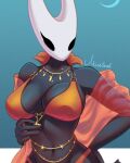 absurd_res anthro arachnid arthropod bikini black_body breasts chain clothed clothing female gold_(metal) gradient_background half-length_portrait hi_res hollow_knight_(franchise) horn hornet_(hollow_knight) jewelry misslorel moon necklace partially_clothed portrait simple_background sky solo spider standing swimwear team_cherry two-piece_swimsuit
