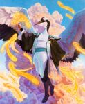 ambiguous_gender anthro aven avian beak bird blue_sky clothing crane_(bird) footwear gruiform hasbro hi_res kykar magic:_the_gathering male_(lore) official_art robe sandals shoes signature sky solo wizards_of_the_coast zezhou_chen