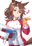  1girl animal_ears aqua_eyes box brown_hair closed_mouth ear_ornament food highres holding holding_box holding_food holding_pizza horse_ears horse_girl horse_tail jacket kagami_(haret46) looking_at_viewer medium_hair mejiro_palmer_(umamusume) multicolored_hair nail_polish open_clothes open_jacket pizza pizza_box smile solo streaked_hair tail tracen_training_uniform track_jacket umamusume 