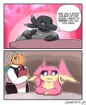 2026 anthro audino blue_sclera comic countershading dialogue digital_media_(artwork) dragonite english_text explicit_text female flirting generation_1_pokemon generation_5_pokemon generation_7_pokemon goopyarts green_eyes group hi_res holding_object leaning_on_table male multicolored_body nintendo open_mouth pick-up_line pokemon pokemon_(species) pupils purple_sclera salandit signature sitting stare text trio uncomfortable waiter waiter_suit white_pupils