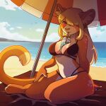  absurd_res anthro bangs beach beach_towel big_breasts bikini black_bikini black_clothing black_swimwear blonde_hair breasts clothing cloud domestic_cat felid feline felis female freyja_(merlin) hair hair_over_eye hand_on_leg hand_on_thigh hands-free_bubble_tea hi_res long_hair mammal meme merlinmakes one_eye_obstructed sea seaside solo straw swimwear towel umbrella water 