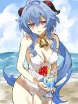  1girl ahoge bare_arms beach bell blue_hair blue_nails blush breasts cleavage cocktail_glass cowbell cowboy_shot cup drinking_glass drinking_straw flower food fruit ganyu_(genshin_impact) genshin_impact goat_horns hair_between_eyes hibiscus highres holding holding_cup horns long_hair looking_at_viewer low_ponytail medium_breasts neck_bell ocean open_mouth orange_(fruit) orange_slice outdoors purple_eyes qilin_(mythology) sidelocks smile solo standing swimsuit talesofmea thigh_gap tropical_drink wavy_hair white_one-piece_swimsuit 