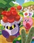  apple armor bush chasing cloud cloudy_sky drawing flower food fruit gloves glowing glowing_eyes grass highres kirby kirby_(series) mask meta_knight miclot outdoors paper road running saliva saliva_trail shoulder_armor shoulder_pads sky sparkle sparkling_eyes sweat sweatdrop tree yellow_eyes 