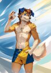 2026 abstract_background anthro arm_tuft athletic athletic_anthro athletic_male blue_ears blue_eyes bottomwear brown_hair canid canine canis claws clothed clothing digital_media_(artwork) domestic_dog ear_piercing ear_ring elbow_tuft finger_claws floppy_ears fur hair hand_in_pocket hi_res looking_at_viewer male mammal markings navel neck_tuft nipples pawpads piercing pockets portrait ring_piercing shadowtails shorts shorts_only signature smile snaggle_tooth solo spots spotted_markings standing tail tan_body tan_fur three-quarter_portrait tooth_necklace topless topless_anthro topless_male tuft white_body white_fur