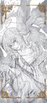  1boy bangs byakuesuzume framed greyscale halo highres looking_at_viewer medium_hair monochrome original parted_lips spot_color white_background wings 