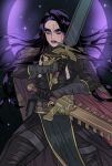  1girl adepta_sororitas black_gloves black_hair brown_cape cape chainsword commentary_request cowboy_shot dual_wielding gloves highres holding korean_commentary long_hair parted_lips pelvic_curtain pink_eyes pinkteest red_lips reverse_grip solo two-sided_fabric warhammer_40k warhammer_40k:_rogue_trader 