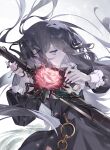  1girl absurdres arcaea ascot bib_collar black_dress black_hair black_ribbon blue_eyes bow closed_mouth cowboy_shot dress flower frilled_ascot frilled_dress frilled_sleeves frills hair_ornament hair_ribbon highres holding holding_sword holding_weapon long_hair long_sleeves neck_ribbon noranheart pink_flower pink_rose plant puffy_sleeves ribbon ring_hair_ornament rose simple_background solo sword tairitsu_(arcaea) tairitsu_(axium)_(arcaea) vines weapon white_background 