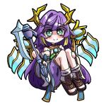  1girl bare_shoulders chibi commentary duel_monster green_eyes ib_(yu-gi-oh!) ib_the_world_chalice_justiciar knees_to_chest legs_together light_smile long_hair looking_at_viewer lumi_(nexix5536) mage_staff purple_hair shoes solo staff white_background wings yu-gi-oh! 